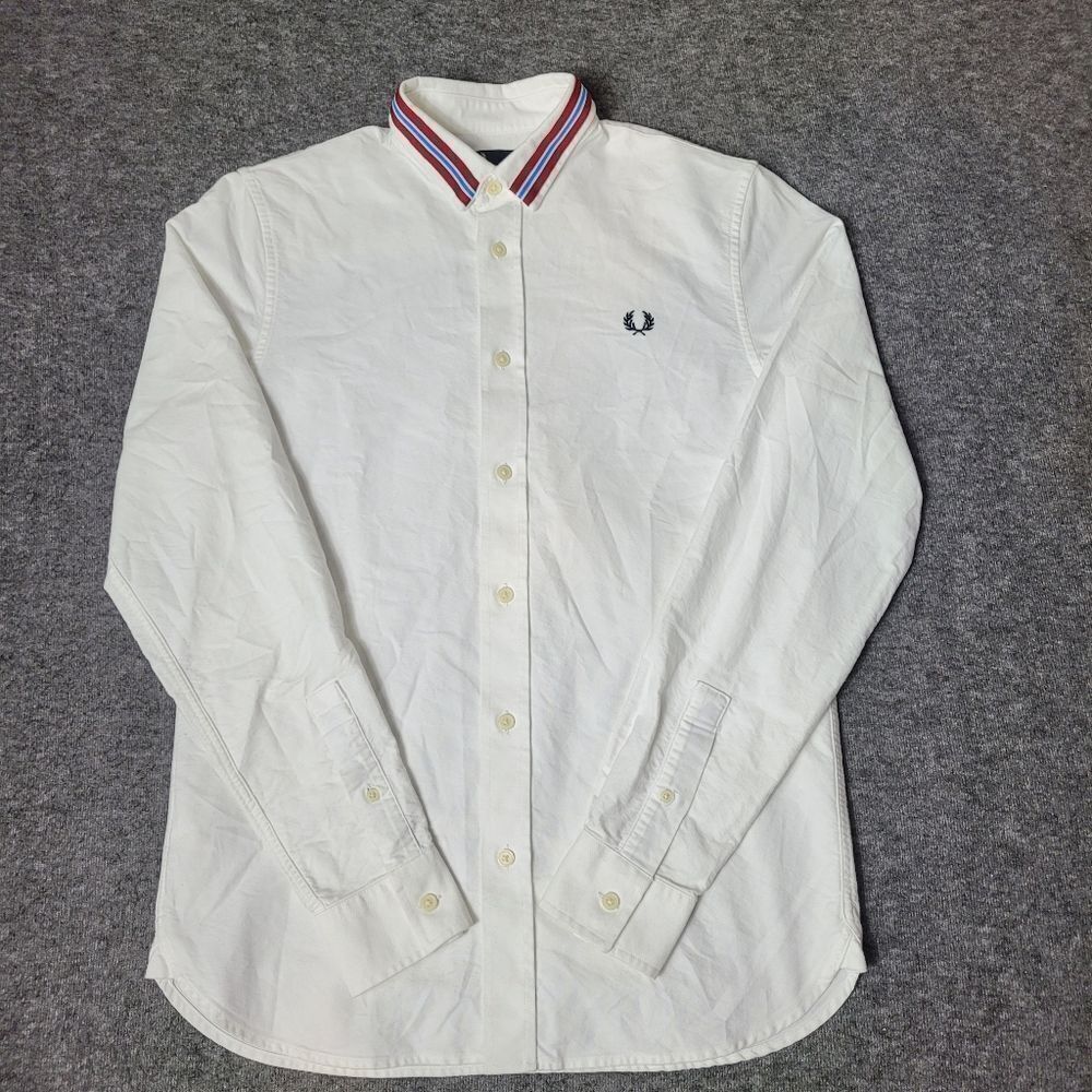 Fred Perry Button Down Men's Size S Shirt White Striped Collar Red Blue